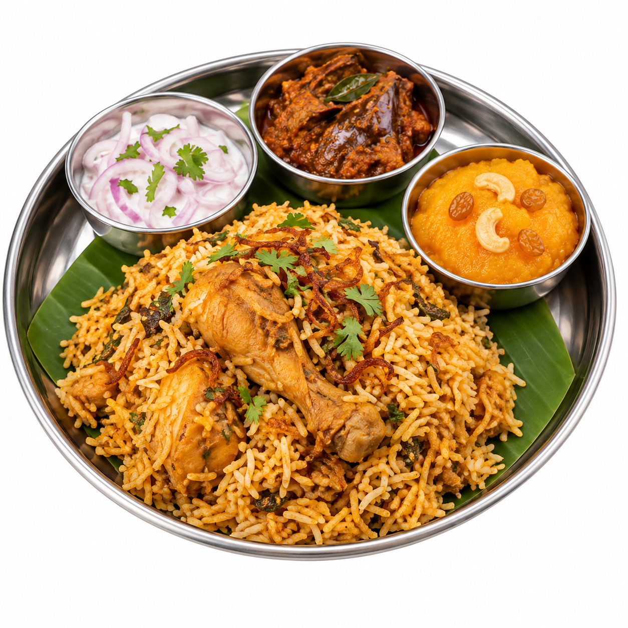 Chicken biryani with brinjal curry, onion raita and kesari on a banana-leaf-lined steel plate