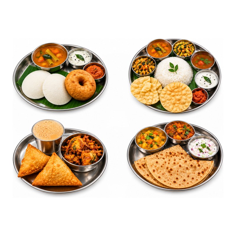Four steel plates on a white background — idlis and vada with sambar and chutney, rice with vegetable curries and papad, samosas and pakoras with milk tea, and rotis with vegetable curry and raita — together as a full day of meals