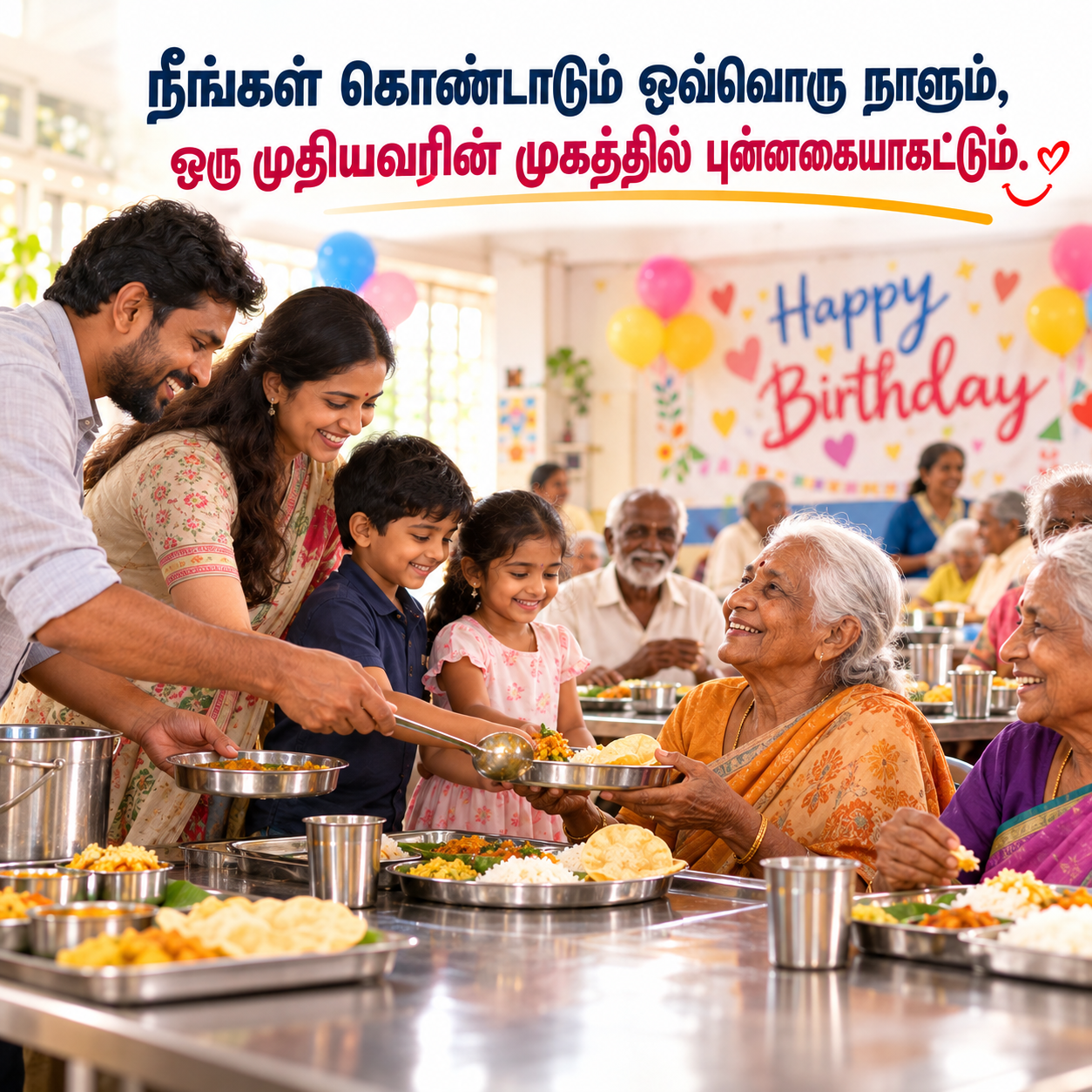 A family serving birthday meals to smiling elders seated along steel tables decorated with balloons