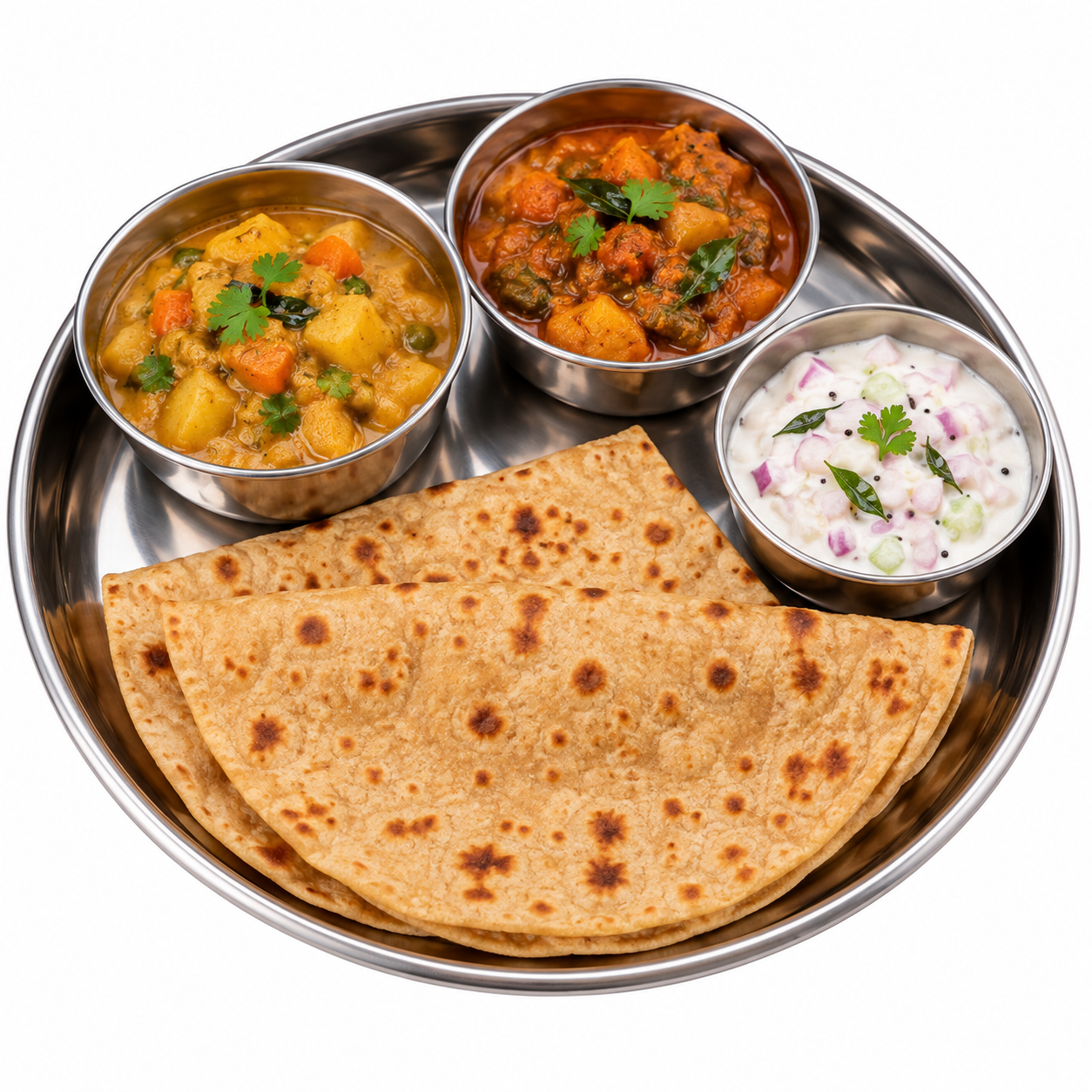 Chapathi with vegetable curries and raita on a steel dinner plate