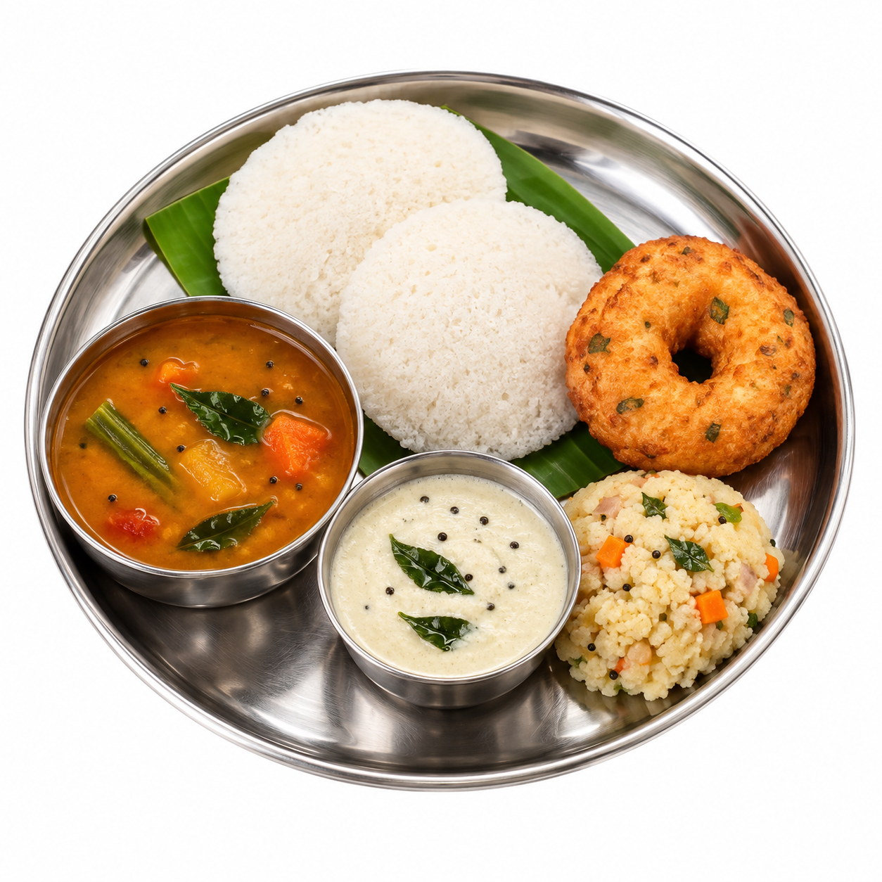 Idli, vada, pongal, sambar and coconut chutney on a steel breakfast plate