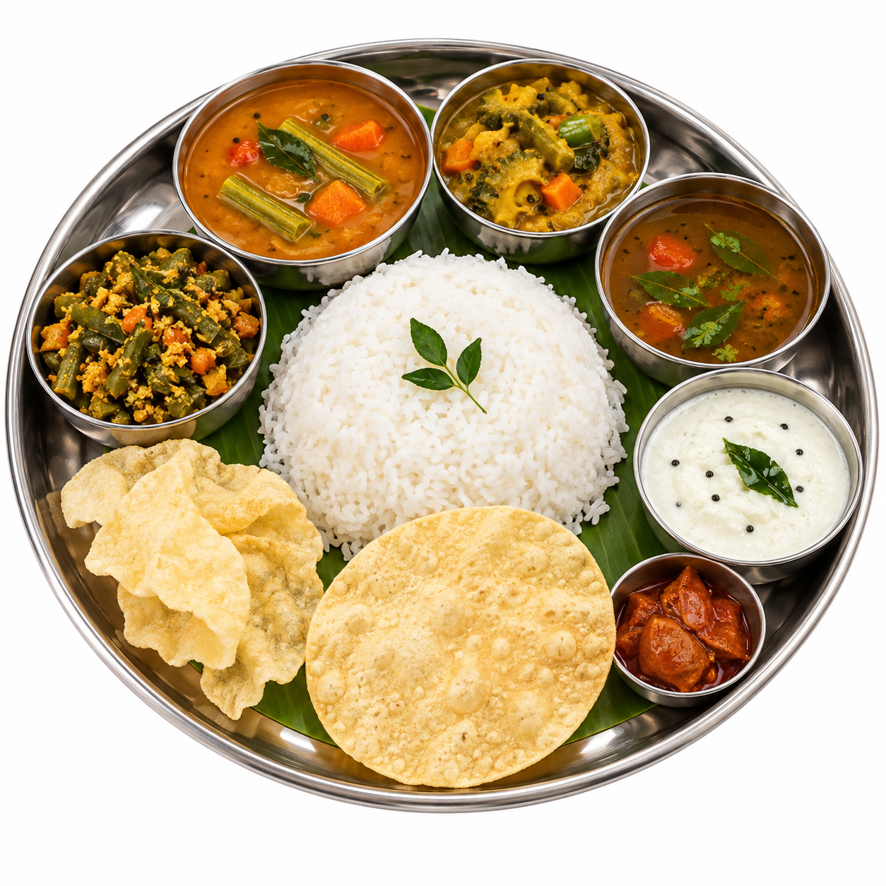 Rice with vegetable curries, sambar, rasam, curd and appalam on a steel lunch plate