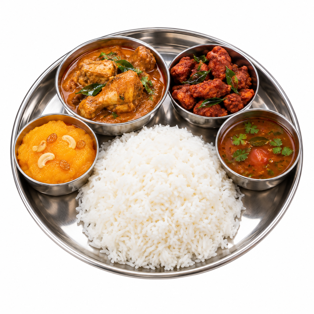 Rice, chicken curry, fried chicken, rasam and kesari on a steel plate