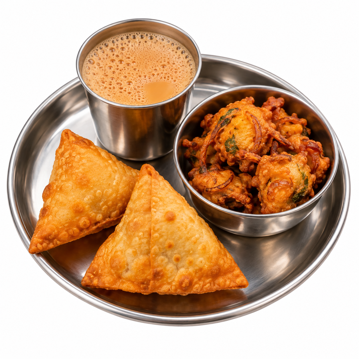 A steel tumbler of tea with samosas and crispy pakoras on a steel plate
