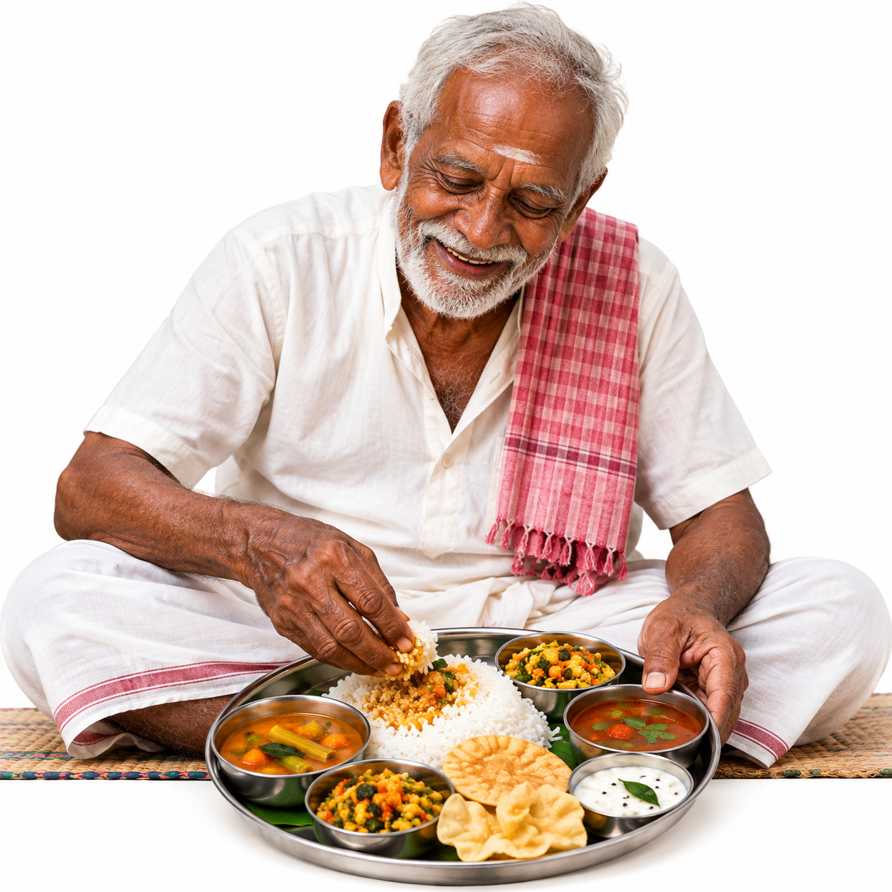 An elderly man in a white shirt and veshti sitting cross-legged on a mat, smiling as he eats rice with sambar, rasam, curries and papadum from a steel plate